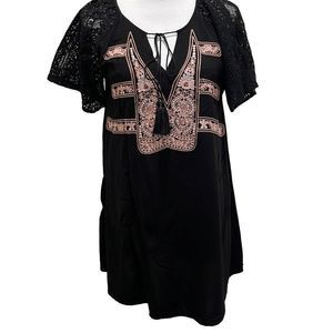 ENTRO black‎ embroidered short sleeve tunic top sz M fairy romantic boho indie